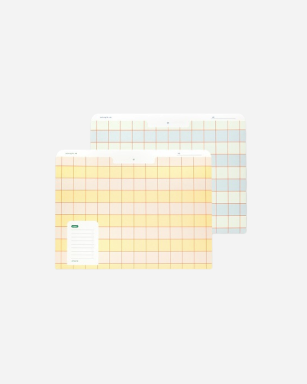Two A4 file folders featuring pastel grid patterns layered on top of each other—one yellow and peach in front, and one pale blue behind—each with a small label tab on a plain light grey background.