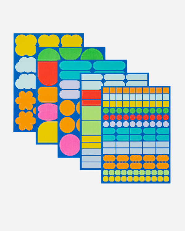 A digital rendering of all five sticker sheets in the Shapes Sticker Set by Mishmash. Each sheet is distinct.
