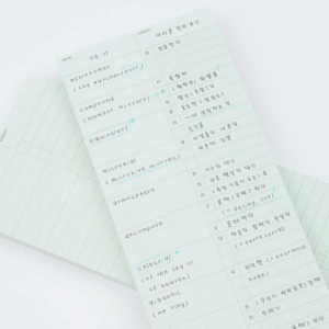 An example of Analogue Keeper's Wordbook Memo Pad being used for new vocabulary (English to Korean).